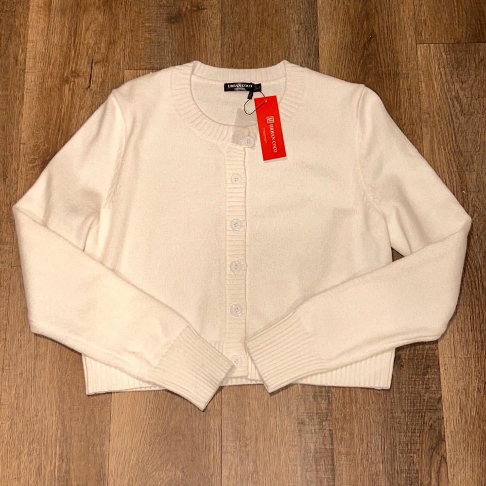 Urban Coco Women Cream White Cropped Cardigan Sweater Button Front Knit Large